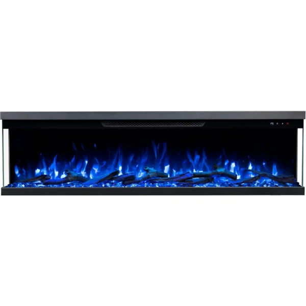 3-seitiger Elektrokamin Emotion Flame Unity Frontansicht mit modernem blauen Flammeneffekt auf realistischen Holzscheiten