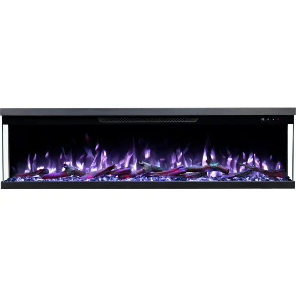 3-seitiger Elektrokamin Emotion Flame Unity Frontansicht mit violettem Flammeneffekt, leuchtenden Kristallen und Holzdekoration
