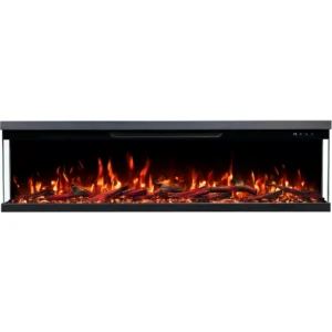 3-seitiger Elektrokamin Emotion Flame Unity Frontansicht mit orangefarbenem Flammeneffekt, realistischen Holzscheiten und Kristallen