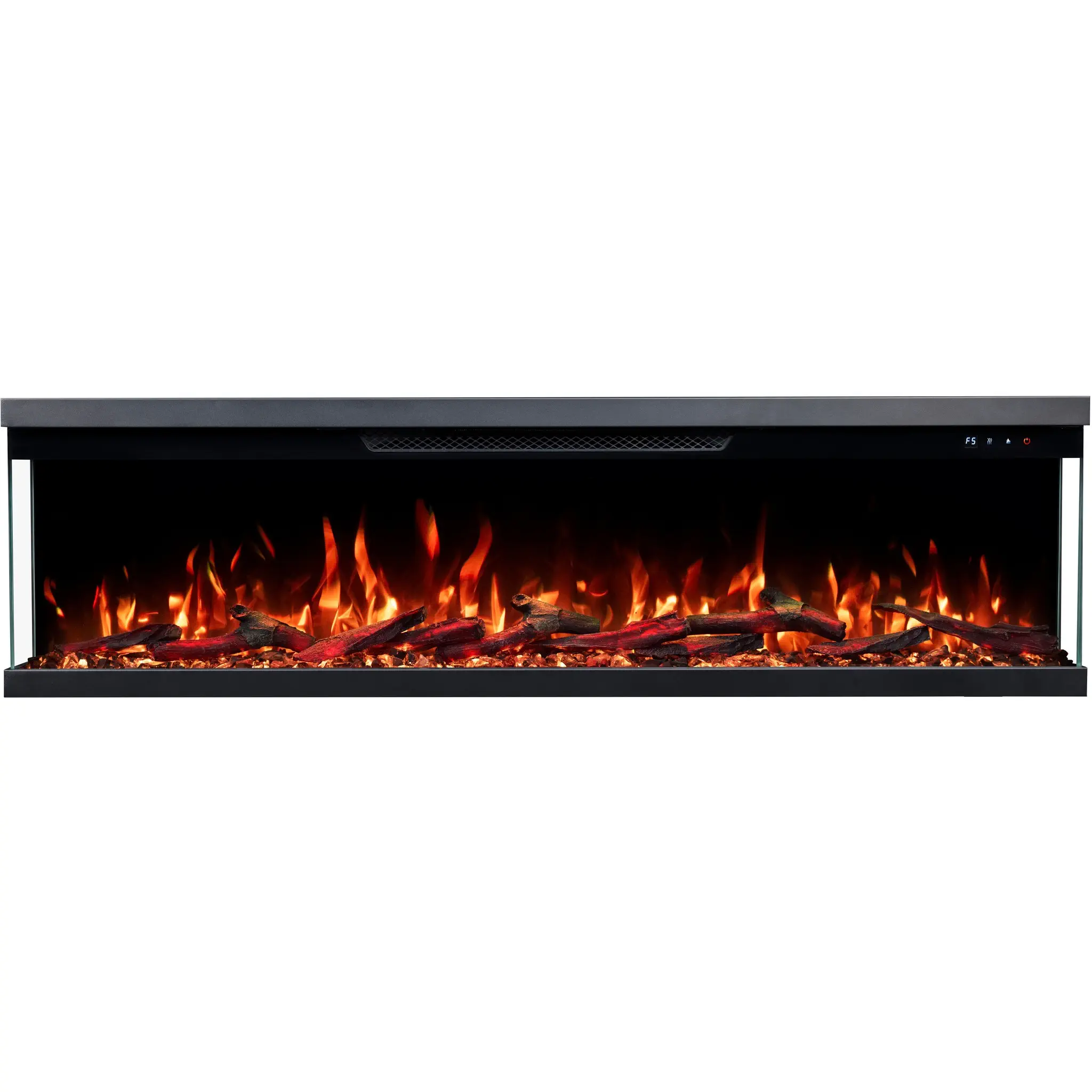 3-seitiger Elektrokamin Emotion Flame Unity Frontansicht mit orangefarbenem Flammeneffekt, realistischen Holzscheiten und Kristallen