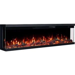3-seitiger LED-Elektrokamin Emotion Flame Unity aus dem Winkel betrachtet, mit orangefarbenem Feuer, Holzscheiten und Kristallen
