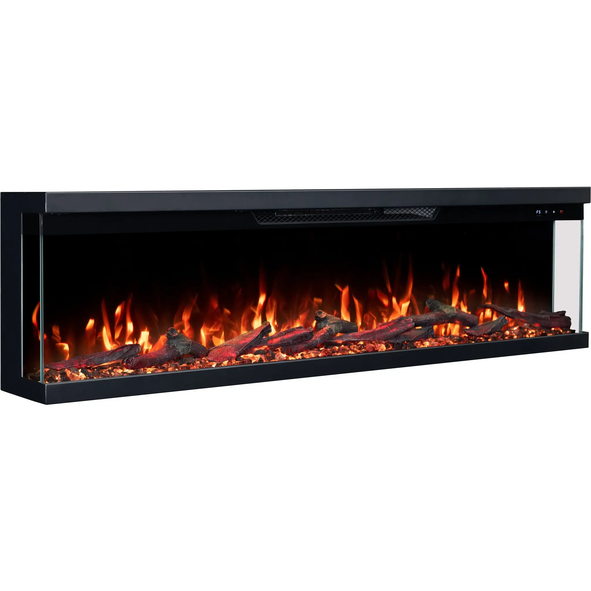 3-seitiger LED-Elektrokamin Emotion Flame Unity aus dem Winkel betrachtet, mit orangefarbenem Feuer, Holzscheiten und Kristallen