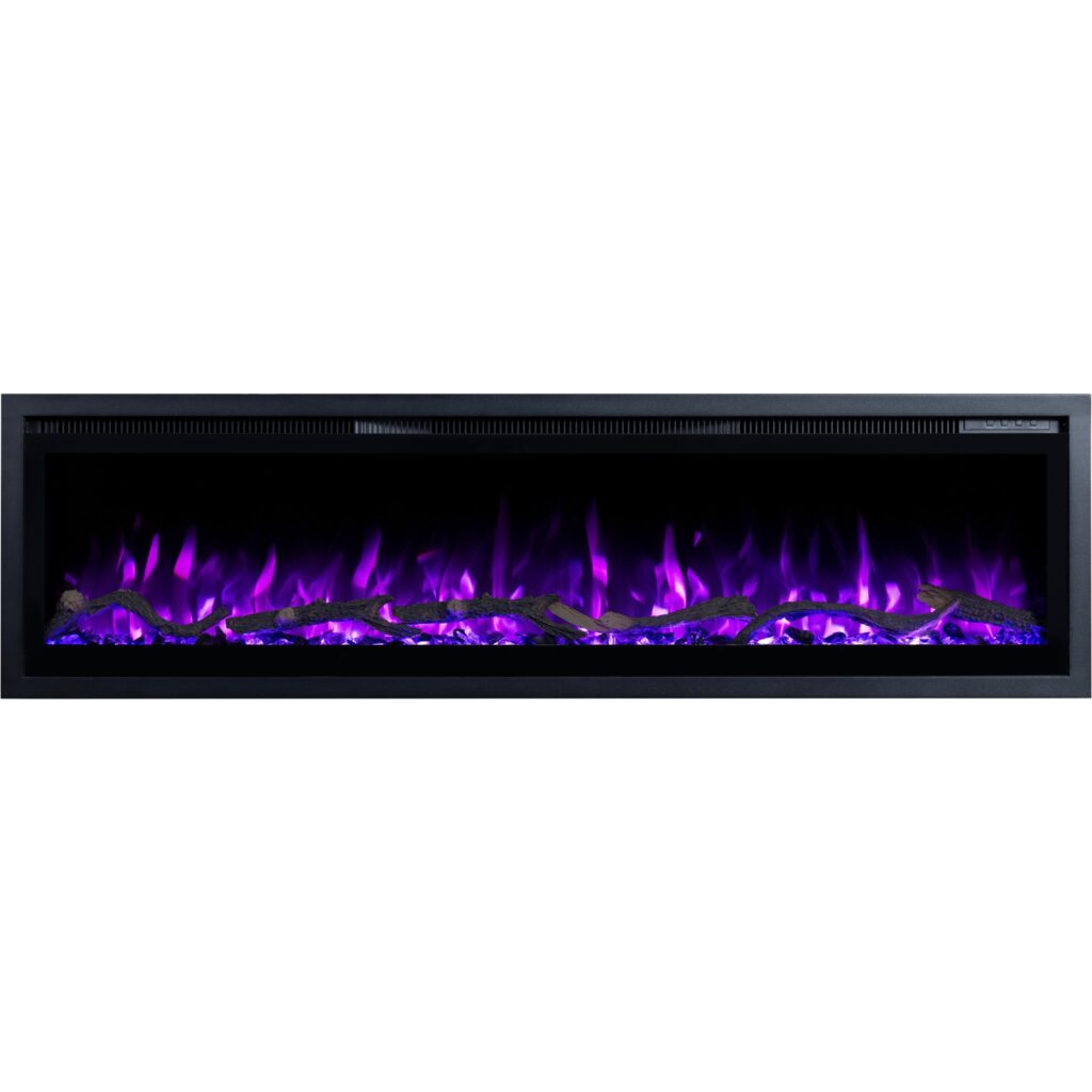 Dekorativer elektrischer Kamin Emotion Flame Regal mit violettem Flammeneffekt, elegante Frontansicht auf das Glutbett