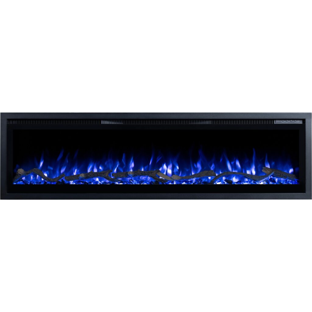 Moderner elektrischer Wandkamin Emotion Flame Regal, flache Front mit eingeschaltetem blauem 3D-Flammeneffekt