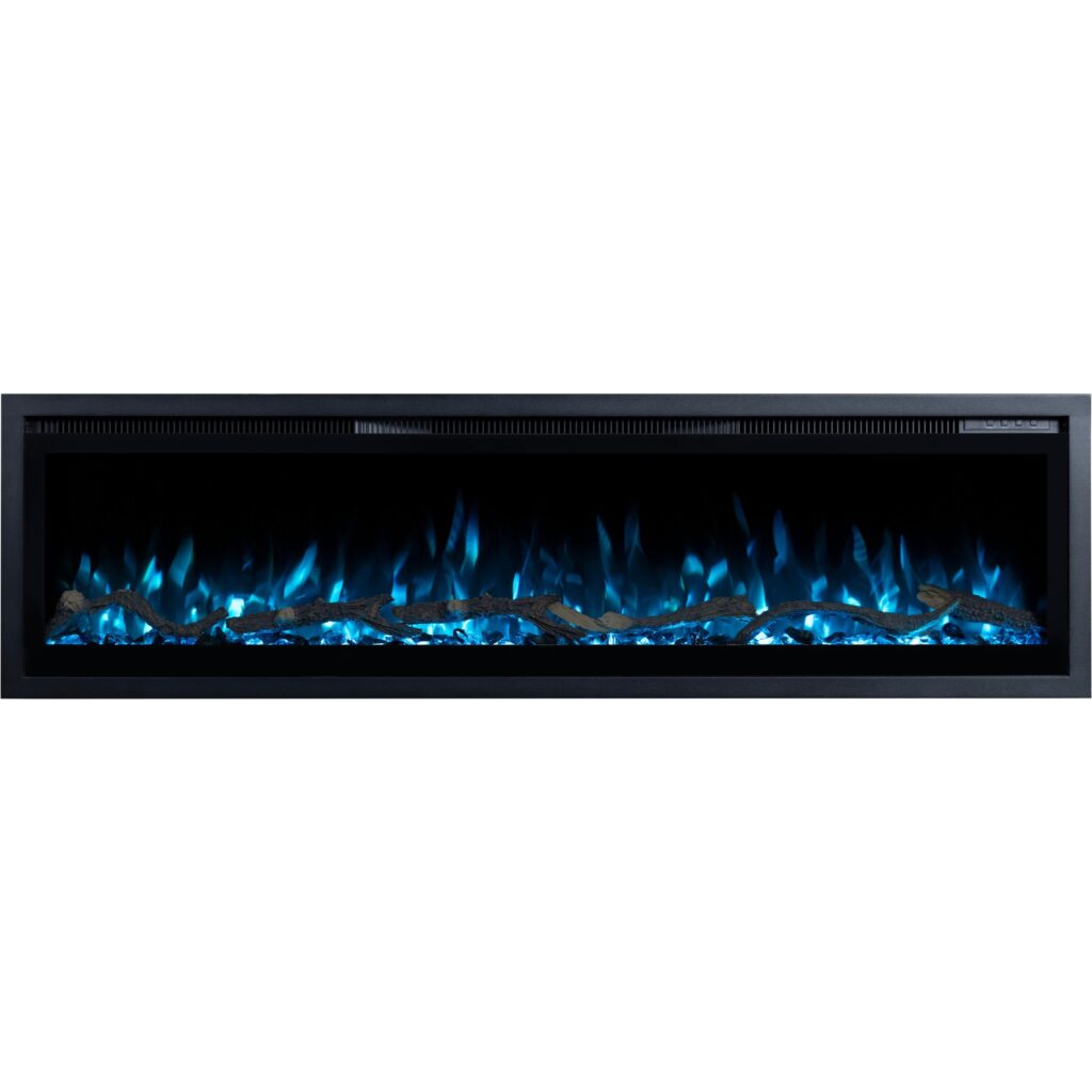 Glasfront des Elektrokamins Emotion Flame Regal mit hellblauer LED-Flamme, die das Glutbett mit Holzscheiten belebt