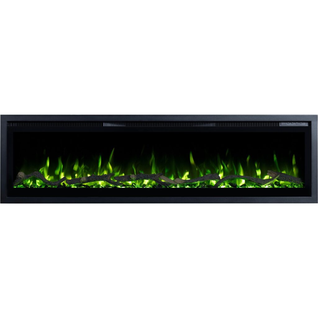 Elektrokamin mit grüner Flamme Emotion Flame Regal, Frontansicht auf dekoratives Holz und leuchtende Kristalle