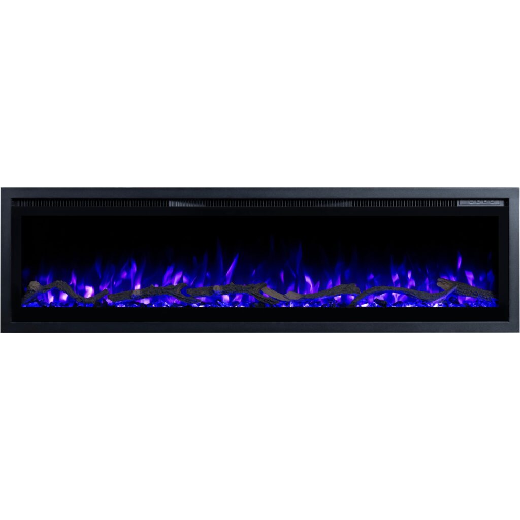 Moderner elektrischer Wandkamin Emotion Flame Regal, flache Front mit eingeschaltetem blauem 3D-Flammeneffekt