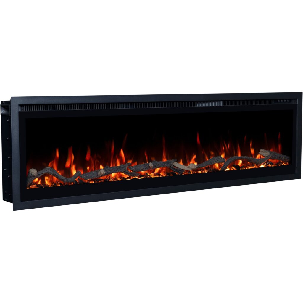 Elektrischer LED-Kamin Emotion Flame Regal schräg von der Seite, realistisches Glutbett mit dekorativen Holzscheiten und rotem Feuer