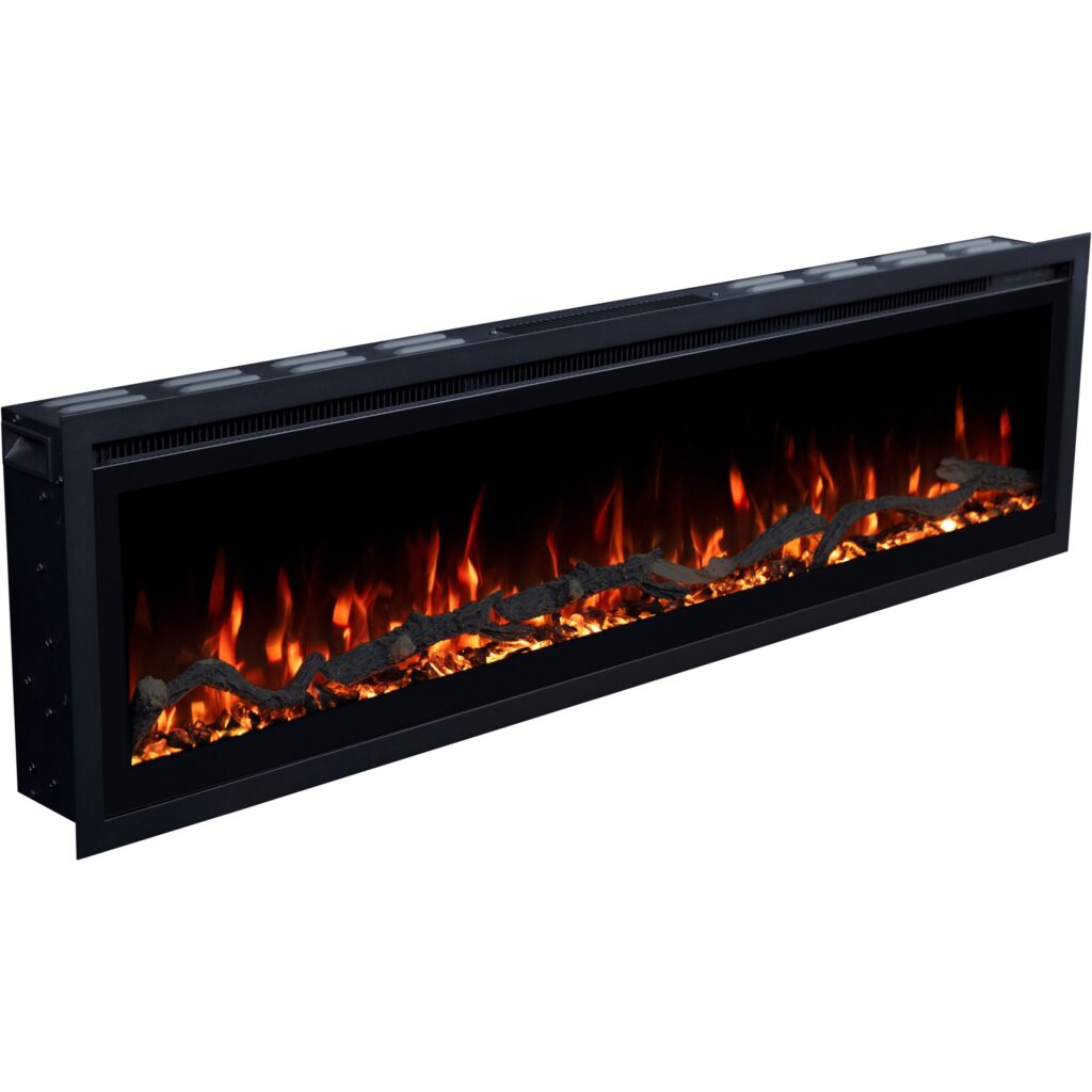 Wand-Elektrokamin Emotion Flame Regal von leicht oben fotografiert, rote Flammen über glühenden Kristallen und Holz