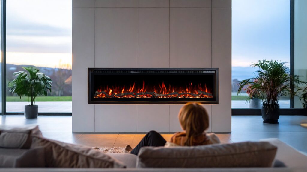 Moderner Elektrokamin für den Wandeinbau Emotion Flame Regal, Wohnwand-Design mit realistischem Flammeneffekt und Holzscheiten