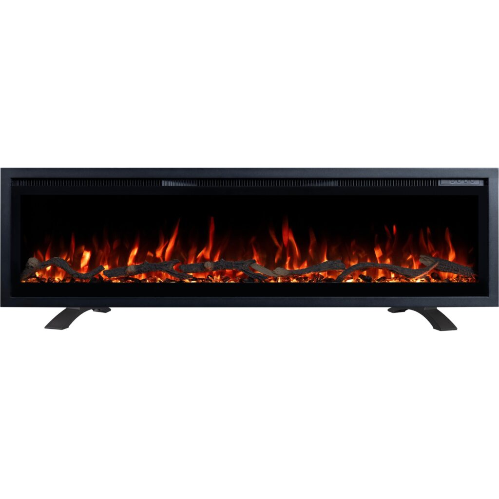 Schwarzer freistehender elektrischer Kamin Emotion Flame Regal mit klassisch roter Flamme, Frontansicht der Holzscheite