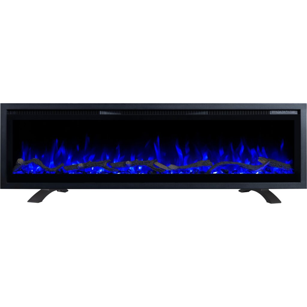 Elektrokamin mit blauer Flamme Emotion Flame Regal als Standgerät, Frontansicht auf das Glutbett mit Kristallen
