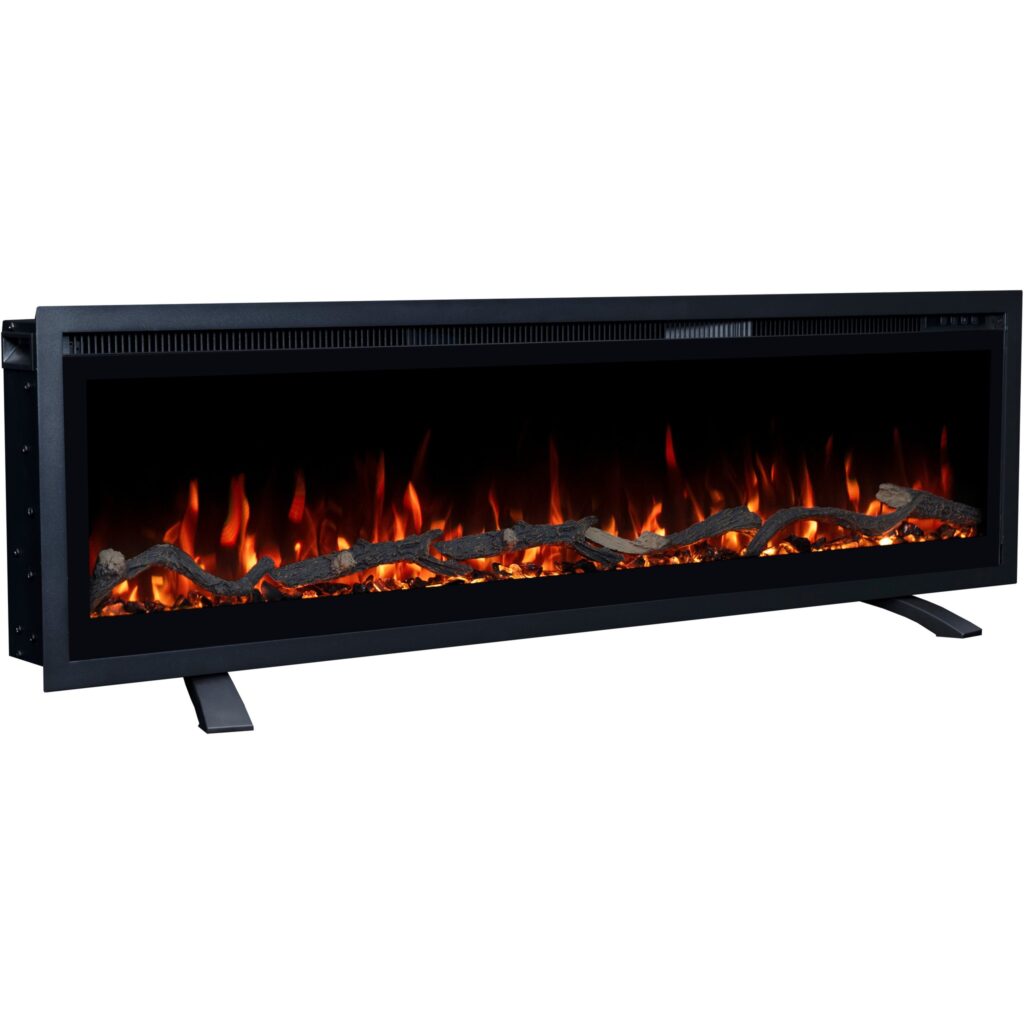 Freistehender Elektrokamin Emotion Flame Regal auf Standfüßen, rote LED-Flammen, Holz und Kristalle aus der Seitenperspektive