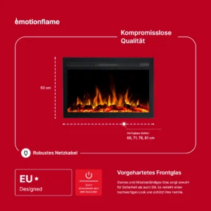 Abmessungen des Einbau-Elektrokamins Infinity von Emotion Flame. Die Infografik zeigt 50 cm Höhe, verfügbare Breiten von 66 bis 81 cm und Eigenschaften wie vorgehärtetes Frontglas