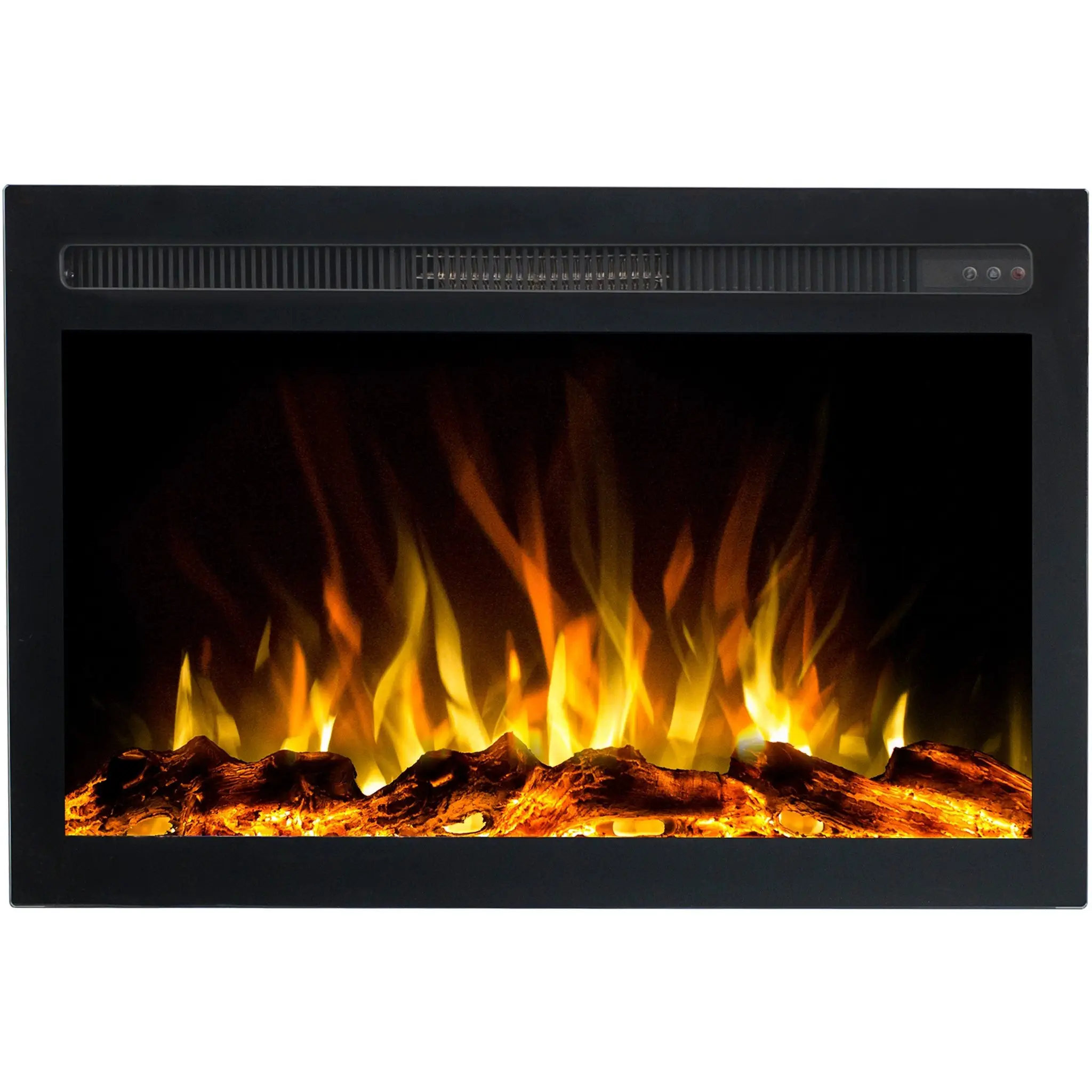 Frontale Ansicht des Emotion Flame Infinity Einbau-Elektrokamins. Realistisches Holz-Glutbett mit atmosphärischen gelb-orangen Flammen