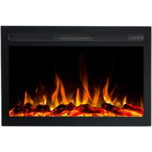 Frontansicht des Einbau-Elektrokamins Infinity von Emotion Flame mit einem realistischen orangefarbenen Flammeneffekt und Holzscheiten