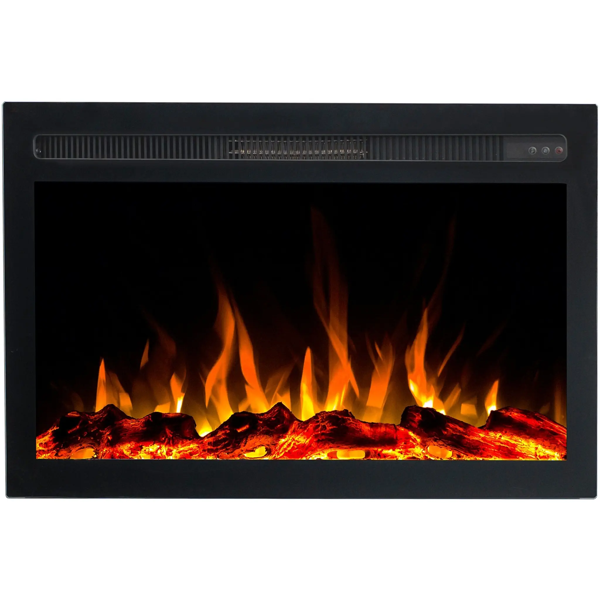 Frontansicht des Einbau-Elektrokamins Infinity von Emotion Flame mit einem realistischen orangefarbenen Flammeneffekt und Holzscheiten