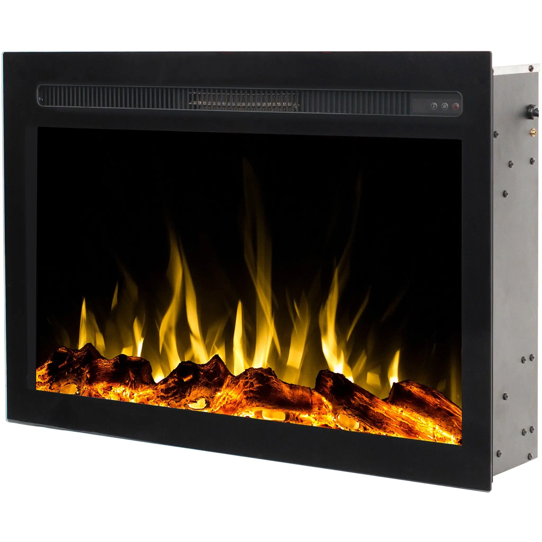 Schräge Ansicht des Infinity Einbau-Elektrokamins von Emotion Flame. Zeigt naturgetreue Holzscheite mit gelbem Flammeneffekt