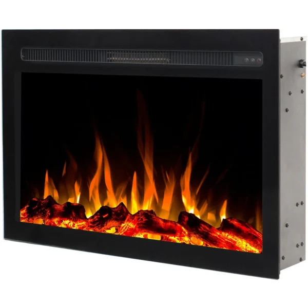Seitenansicht des Einbau-Elektrokamins Infinity von Emotion Flame. Realistisches Glutbett mit orangefarbenem LED-Flammeneffekt