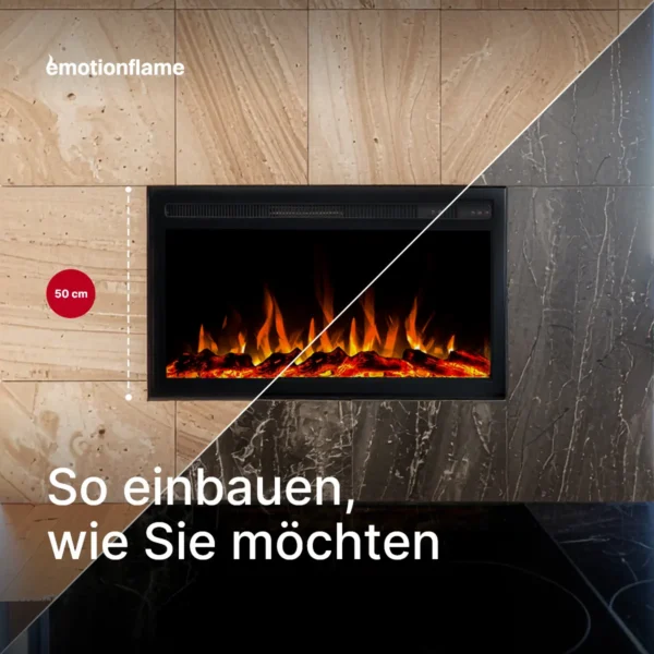 Einbau-Elektrokamin Infinity von Emotion Flame mit 50 cm Einbauhöhe. Infografik zeigt flexible Gestaltungsmöglichkeiten in hellen und dunklen Wänden