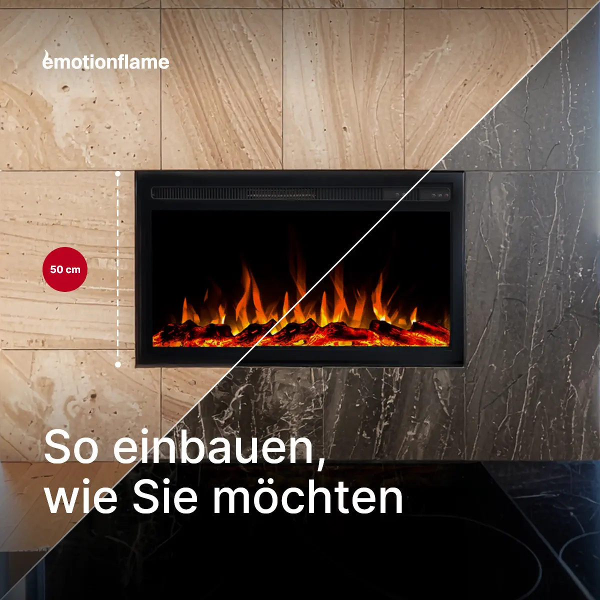 Einbau-Elektrokamin Infinity von Emotion Flame mit 50 cm Einbauhöhe. Infografik zeigt flexible Gestaltungsmöglichkeiten in hellen und dunklen Wänden