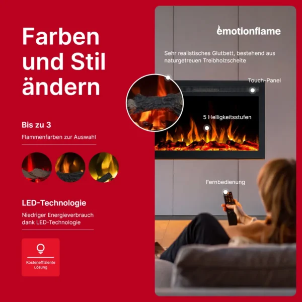Steuerung und Designoptionen des Einbau-Elektrokamins Infinity von Emotion Flame. Die Infografik zeigt 3 Flammenfarben, Touch-Panel, 5 Helligkeitsstufen und eine Fernbedienung