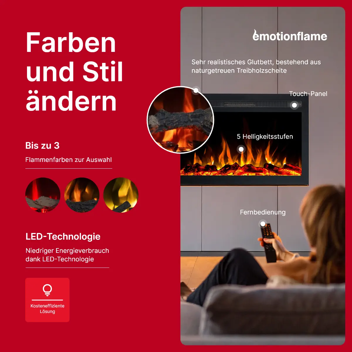 Steuerung und Designoptionen des Einbau-Elektrokamins Infinity von Emotion Flame. Die Infografik zeigt 3 Flammenfarben, Touch-Panel, 5 Helligkeitsstufen und eine Fernbedienung