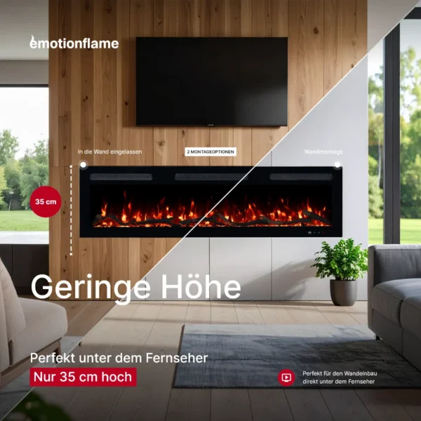 Elektrokamin Monarch von Emotion Flame mit 35 cm geringer Höhe, ideal für Wandeinbau oder Wandmontage unter dem Fernseher