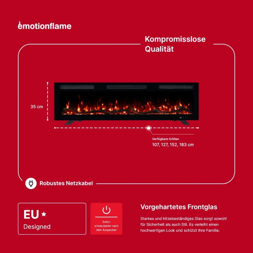 Elektrokamin Monarch von Emotion Flame - Abmessungen: 35 cm Höhe, verfügbare Breiten von 107 bis 183 cm. Mit EU-Design und gehärtetem Frontglas