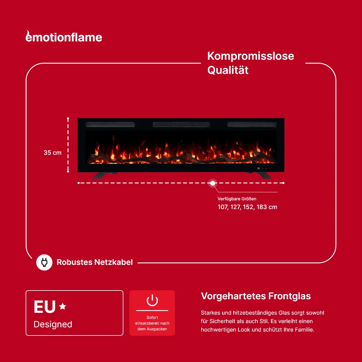 Elektrokamin Monarch von Emotion Flame - Abmessungen: 35 cm Höhe, verfügbare Breiten von 107 bis 183 cm. Mit EU-Design und gehärtetem Frontglas