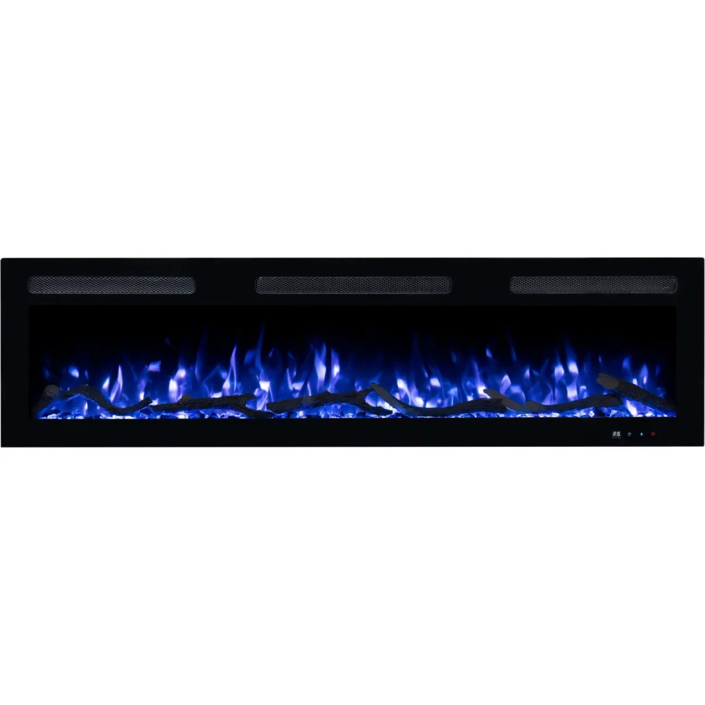 Moderner Elektrokamin Monarch von Emotion Flame, Frontansicht mit blauem Flammeneffekt, dekorativen Holzscheiten und Glaskristallen