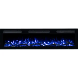 Moderner Elektrokamin Monarch von Emotion Flame, Frontansicht mit blauem Flammeneffekt, dekorativen Holzscheiten und Glaskristallen