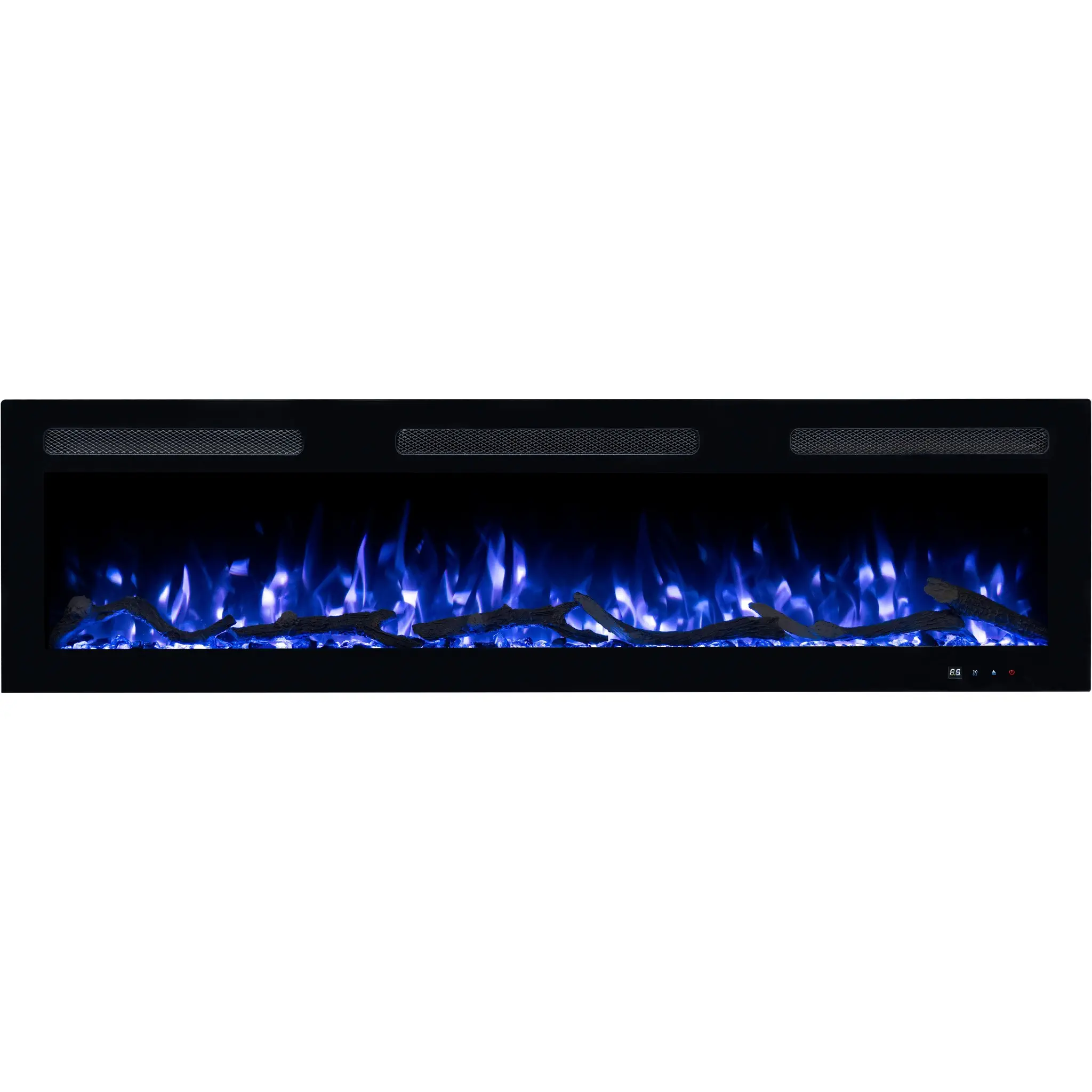 Moderner Elektrokamin Monarch von Emotion Flame, Frontansicht mit blauem Flammeneffekt, dekorativen Holzscheiten und Glaskristallen