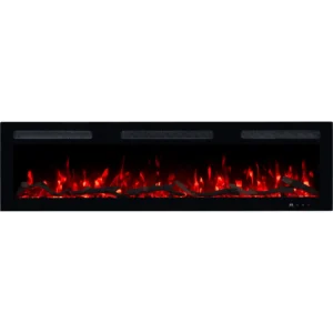 Elektrokamin Monarch von Emotion Flame, direkte Frontansicht mit klassisch orangefarbenem Flammeneffekt, Holzscheiten und Kristallen