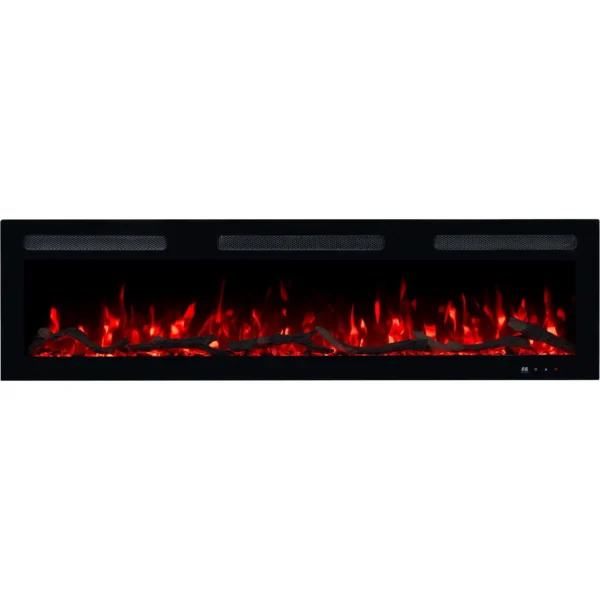 Elektrokamin Monarch von Emotion Flame, direkte Frontansicht mit klassisch orangefarbenem Flammeneffekt, Holzscheiten und Kristallen