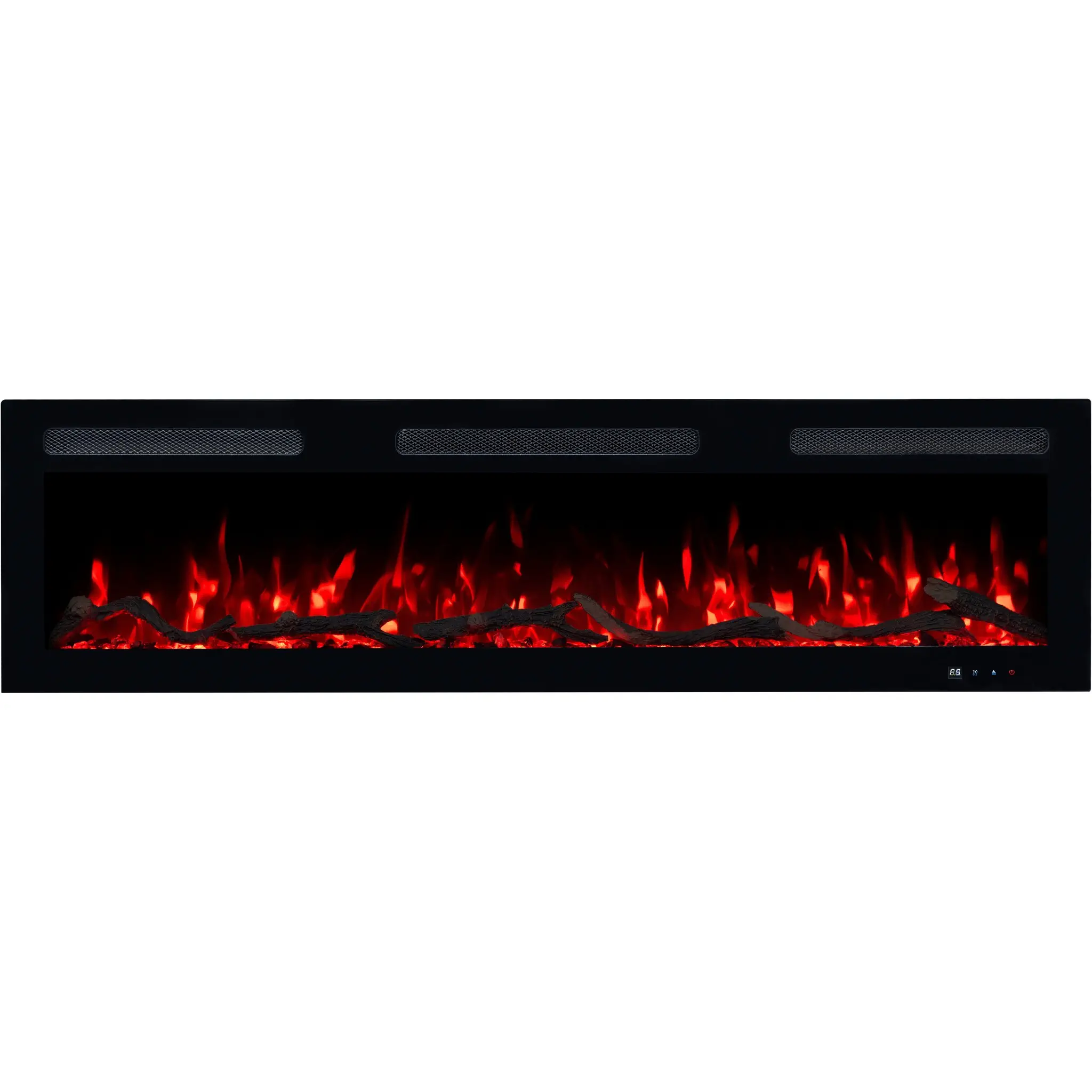 Elektrokamin Monarch von Emotion Flame, direkte Frontansicht mit klassisch orangefarbenem Flammeneffekt, Holzscheiten und Kristallen