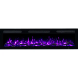 Emotion Flame Elektrokamin Monarch, Frontansicht mit violettem Flammeneffekt über realistischem Glutbett aus Holz und Kristallen
