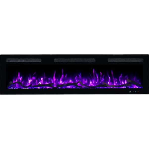 Emotion Flame Elektrokamin Monarch, Frontansicht mit violettem Flammeneffekt über realistischem Glutbett aus Holz und Kristallen