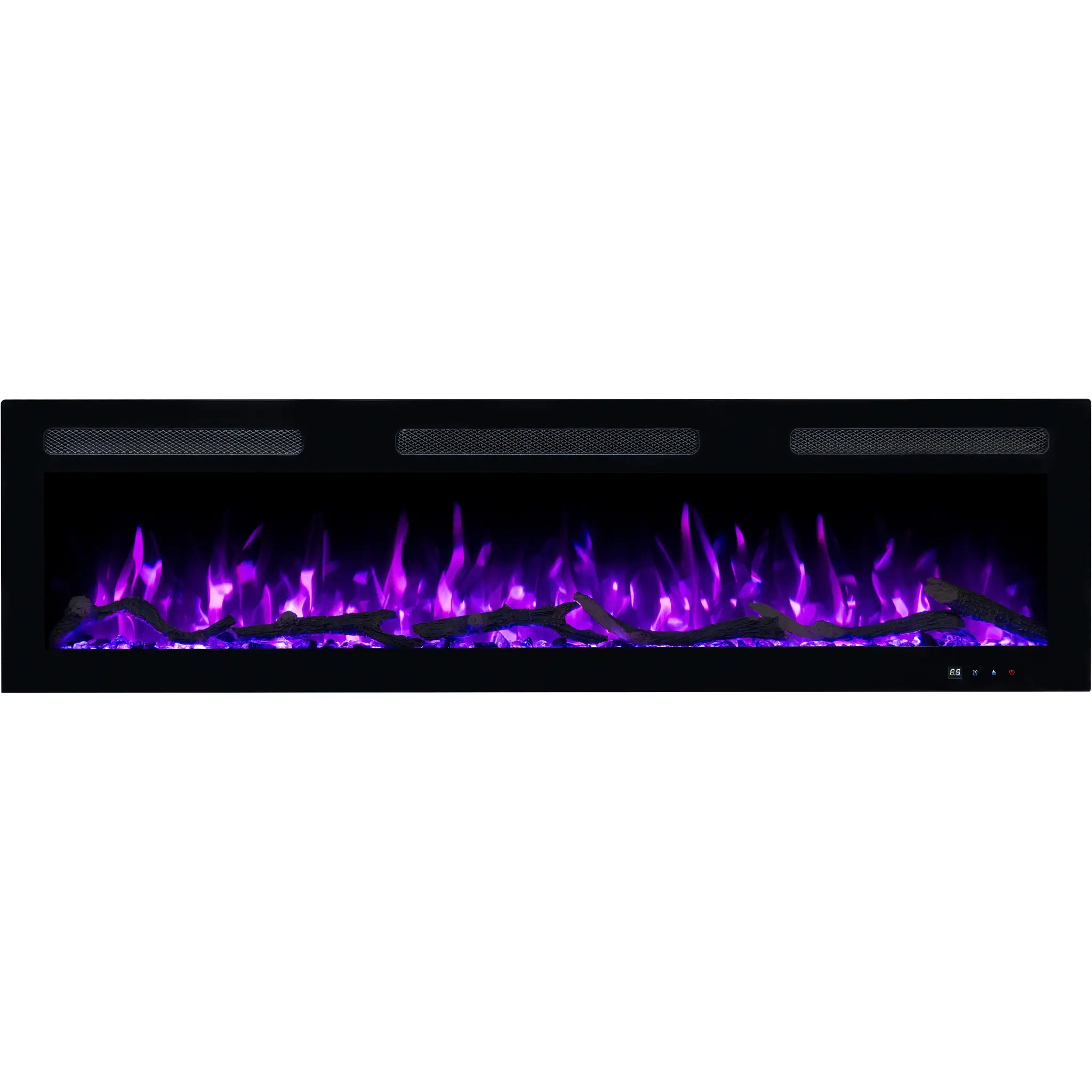 Emotion Flame Elektrokamin Monarch, Frontansicht mit violettem Flammeneffekt über realistischem Glutbett aus Holz und Kristallen