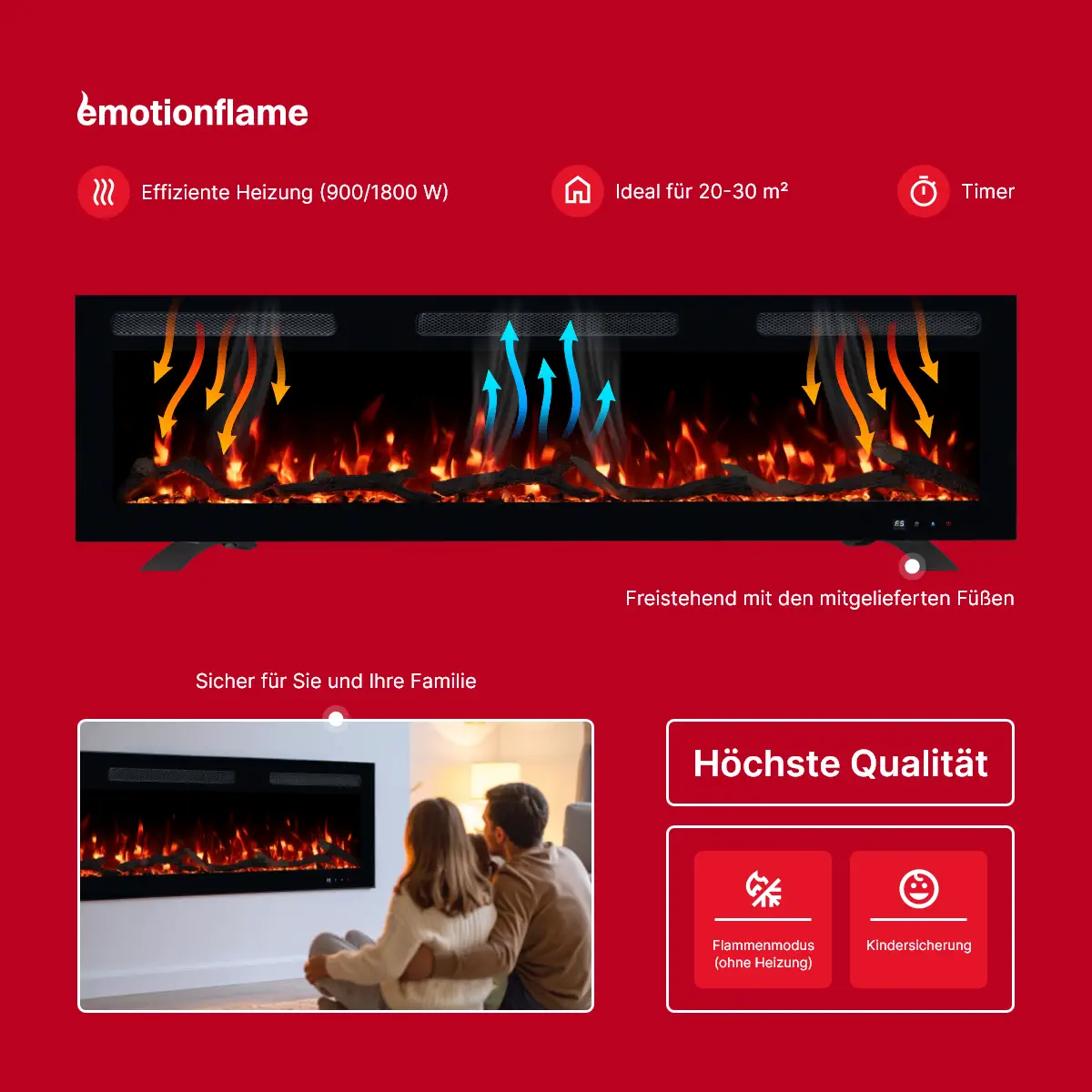 Emotion Flame Elektrokamin Monarch - Funktionen: effiziente Heizung 900/1800 W, Timer, freistehend, Flammenmodus und Kindersicherung