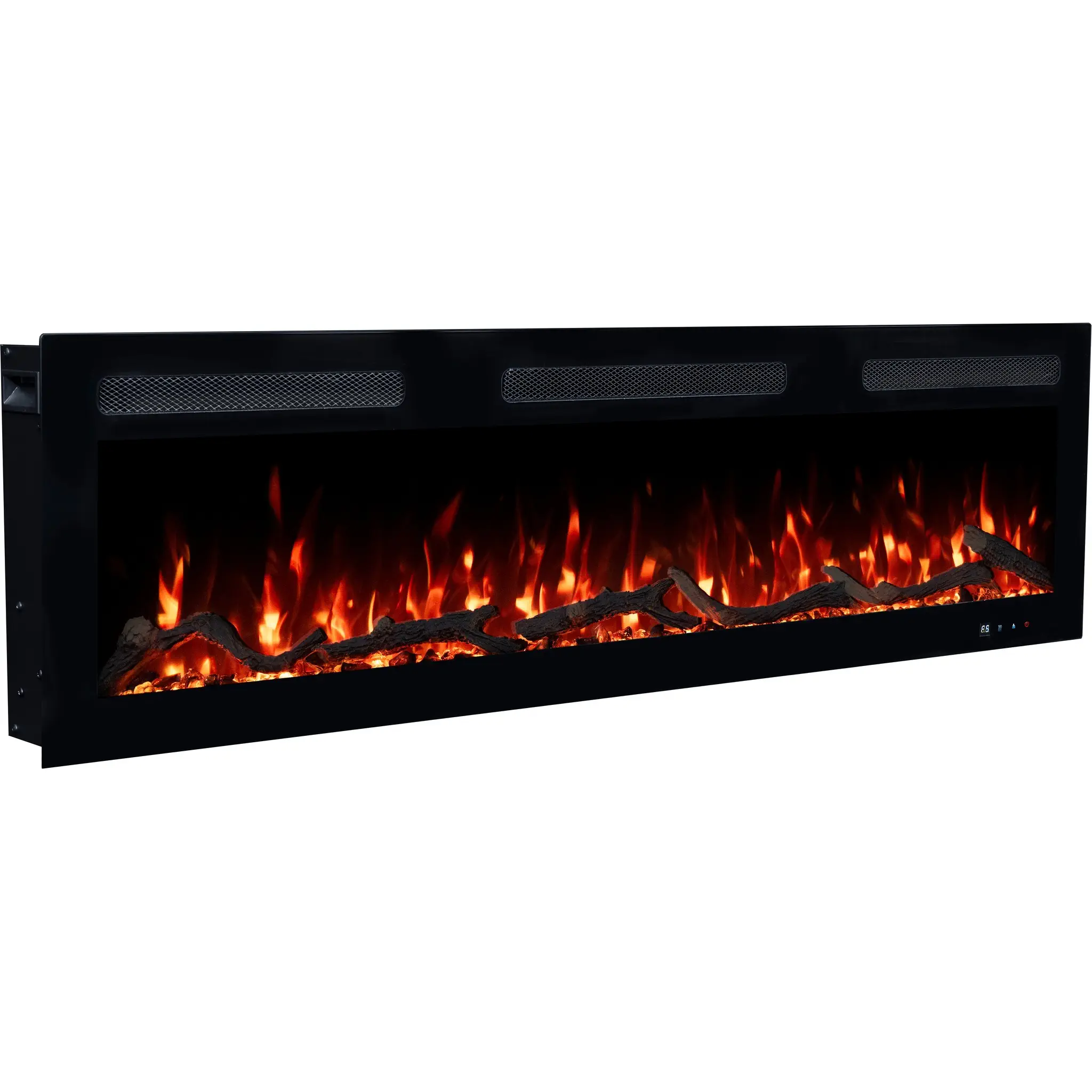 Elektrokamin Monarch von Emotion Flame, Seitenansicht mit orangefarbenem LED-Flammeneffekt über realistischen Holzscheiten und Kristallen