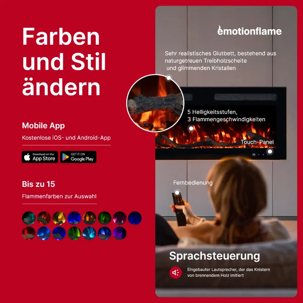 Elektrokamin Monarch von Emotion Flame - Steuerung via App, Fernbedienung und Touch-Panel. Bietet 15 Flammenfarben, anpassbare Helligkeit und Knistersound