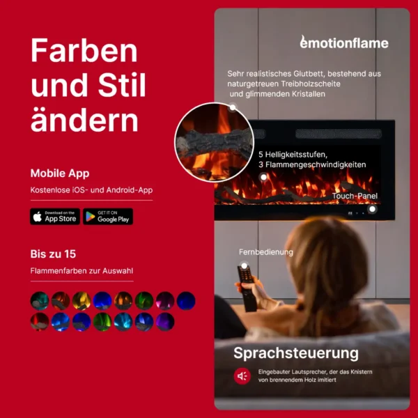 Elektrokamin Monarch von Emotion Flame - Steuerung via App, Fernbedienung und Touch-Panel. Bietet 15 Flammenfarben, anpassbare Helligkeit und Knistersound