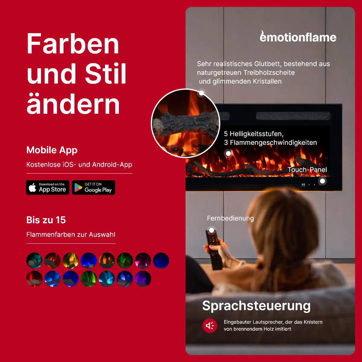 Elektrokamin Monarch von Emotion Flame - Steuerung via App, Fernbedienung und Touch-Panel. Bietet 15 Flammenfarben, anpassbare Helligkeit und Knistersound