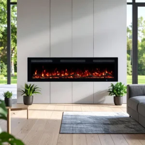 Wandeinbau des Elektrokamins Monarch von Emotion Flame, realistische Feuer-Optik mit Dekoholz und Kristallen in moderner Raumgestaltung