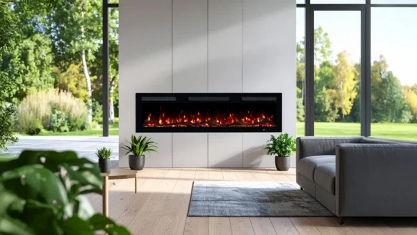 Wandeinbau des Elektrokamins Monarch von Emotion Flame, realistische Feuer-Optik mit Dekoholz und Kristallen in moderner Raumgestaltung
