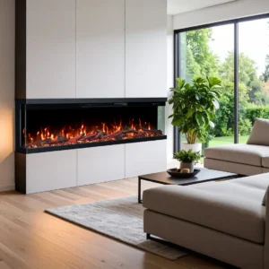 Eingebauter 3-seitiger Elektrokamin Emotion Flame Unity in einer modernen Wohnzimmerwand mit realistischem Flammeneffekt, Seitenansicht