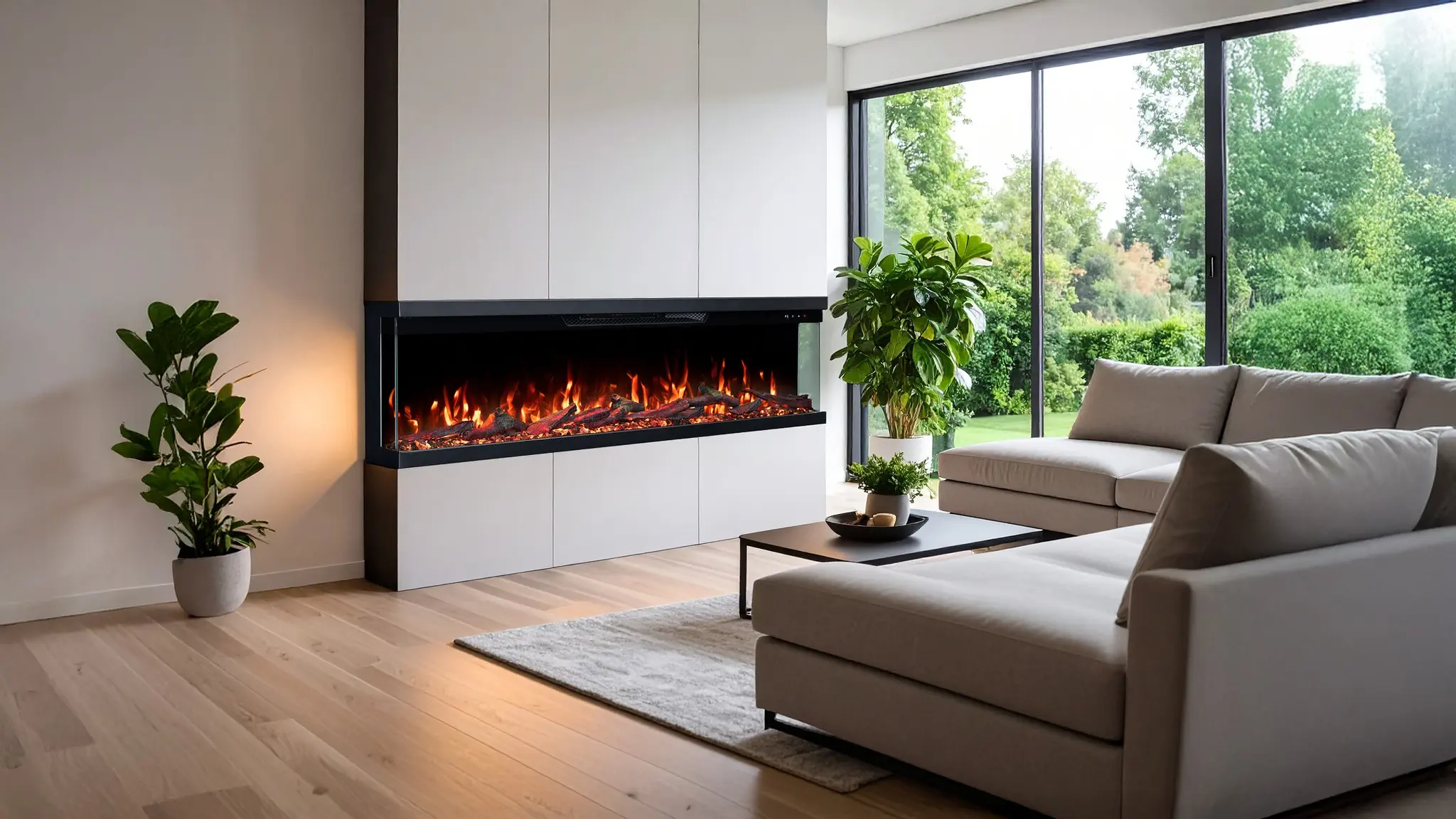 Eingebauter 3-seitiger Elektrokamin Emotion Flame Unity in einer modernen Wohnzimmerwand mit realistischem Flammeneffekt, Seitenansicht