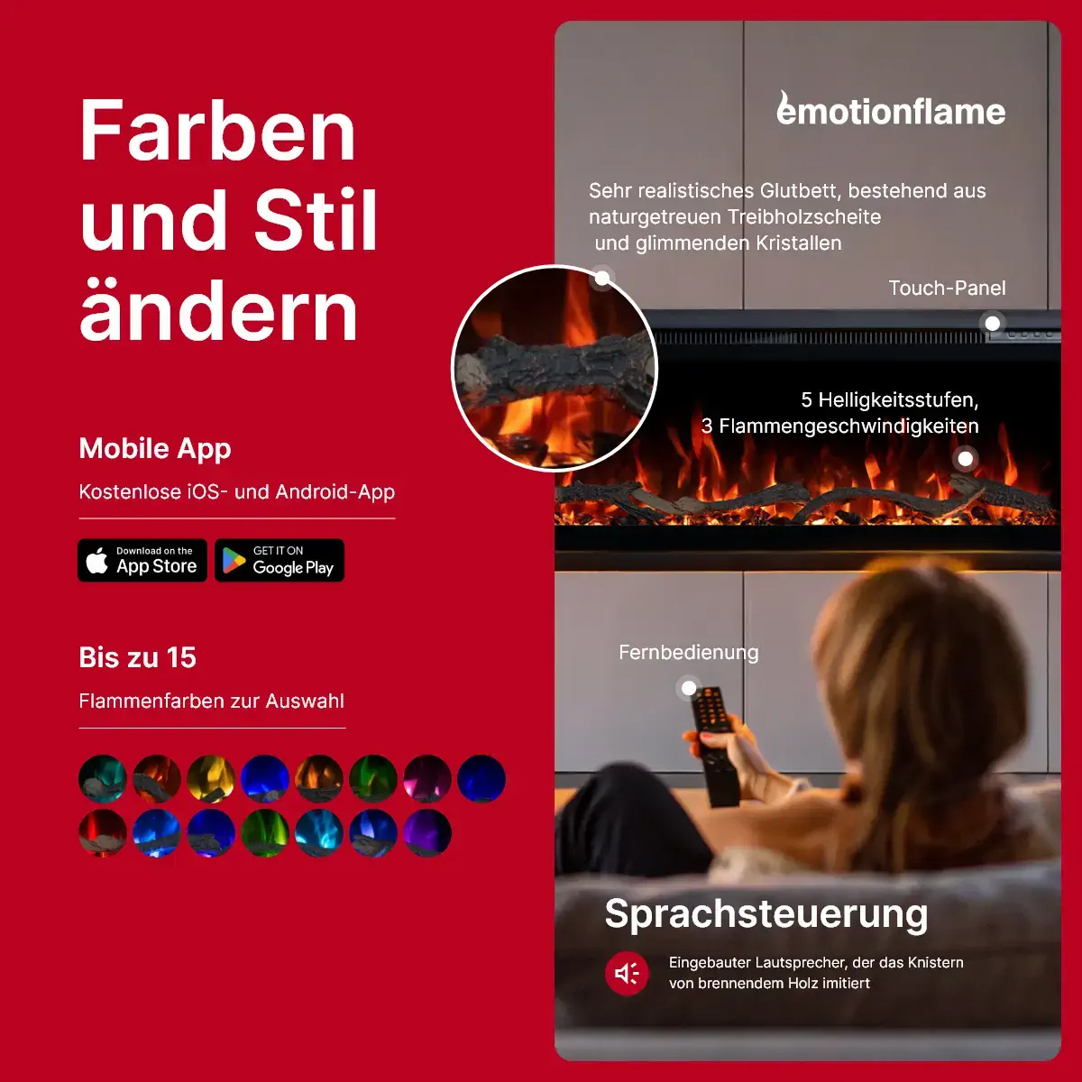 Emotion Flame Elektrokamin mit App-Steuerung, 15 Flammenfarben, Touch-Panel, Fernbedienung und Knistereffekt
