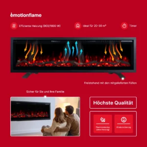 Emotion Flame Elektrokamin mit Heizung 900/1800 W, Standfüßen, Timer, Kindersicherung und Flammenmodus ohne Heizung